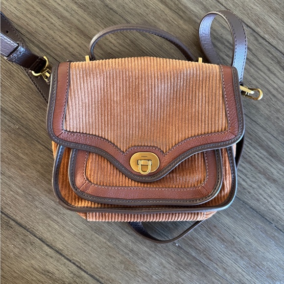 Fossil Heritage Corduroy Crossbody Bag Tan and Brown